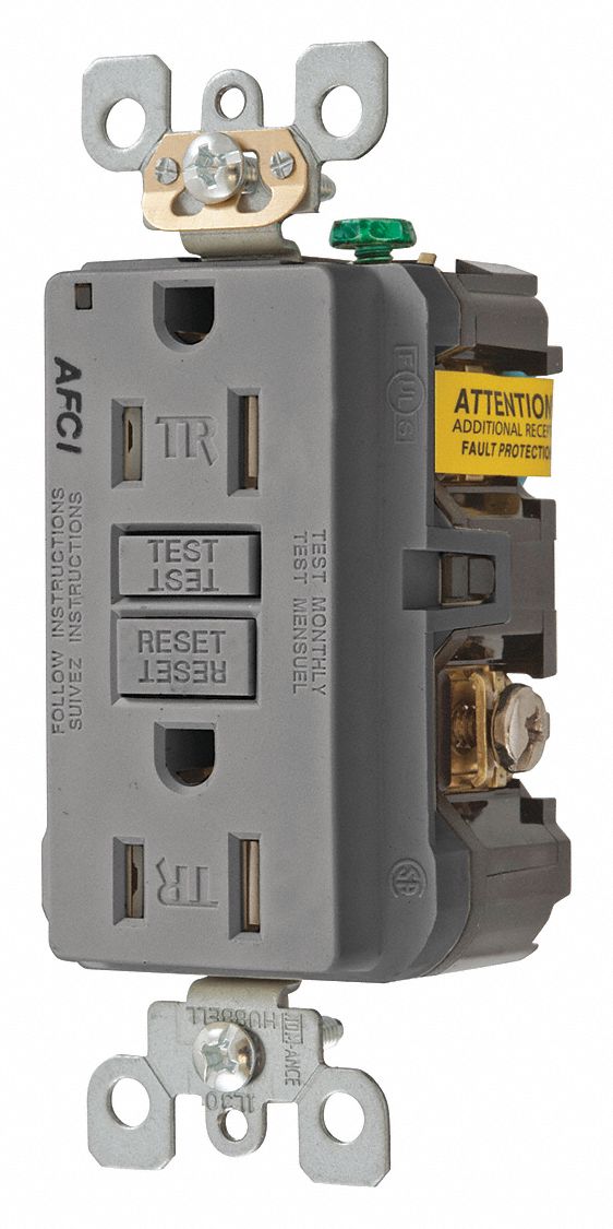Receptacle: Duplex, Gray, 5-15R, 15 A, 125V AC, 2 Pole / 3 Wire, Screw Terminals, Gen Use