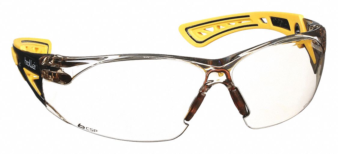 Safety Glasses: Brown Lens, Frameless, Black/Yellow Frame, Rush+ Series