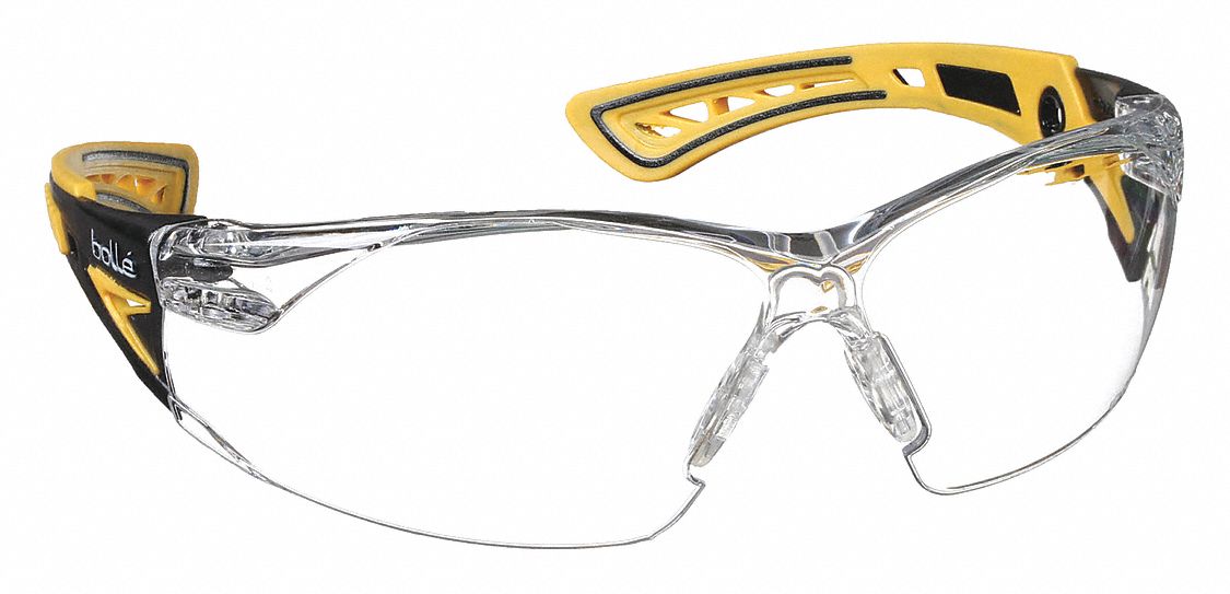 Safety Glasses: Clear Lens, Frameless, Platinum, Dielectric, Black/Yellow Frame