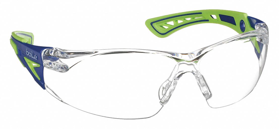 Safety Glasses: Clear Lens, Frameless, Platinum, Dielectric, Blue/Green Frame