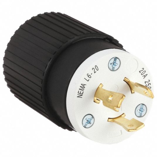 Locking Plug: L6-20P, 250V AC, 20 A, 2 Poles, Black/White, Screw Terminals