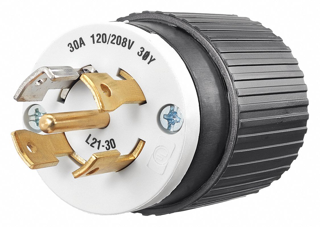 BRYANT 30A Industrial Grade NonShrouded Locking Plug, Black/White