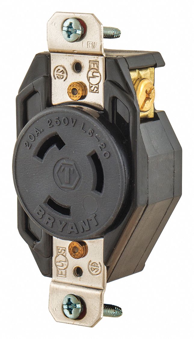 LOCKING RECEPTACLE,BLK,250V AC,2 HP,20 A
