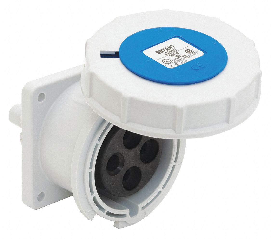 Watertight Pin and Sleeve Receptacle: 20 A, 250V AC, 2 hp Horsepower Rating, IEC Grounding, Blue