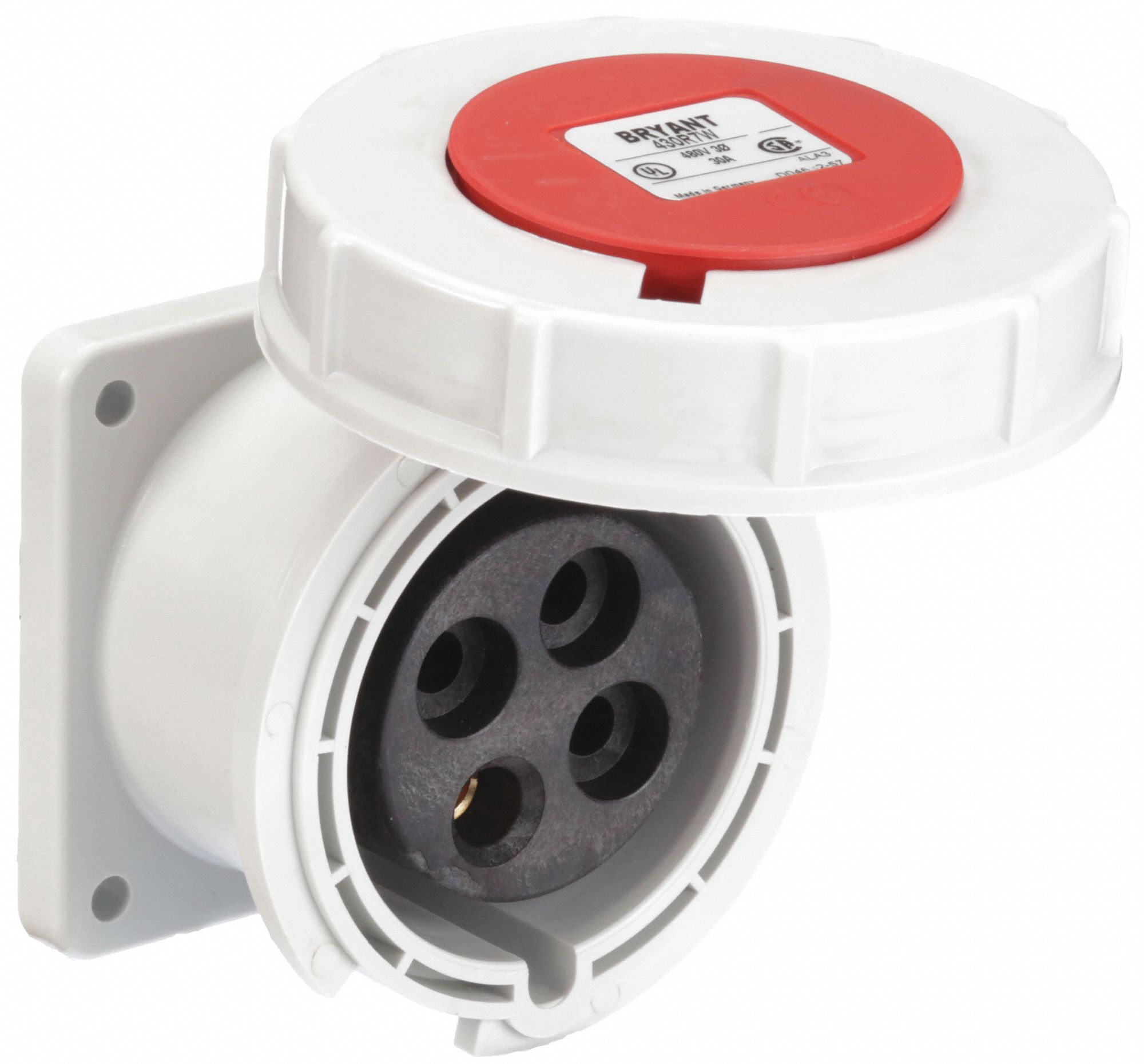 Watertight Pin and Sleeve Receptacle: 30 A, 125/250/480V AC, 7 1/2 hp Horsepower Rating, Red
