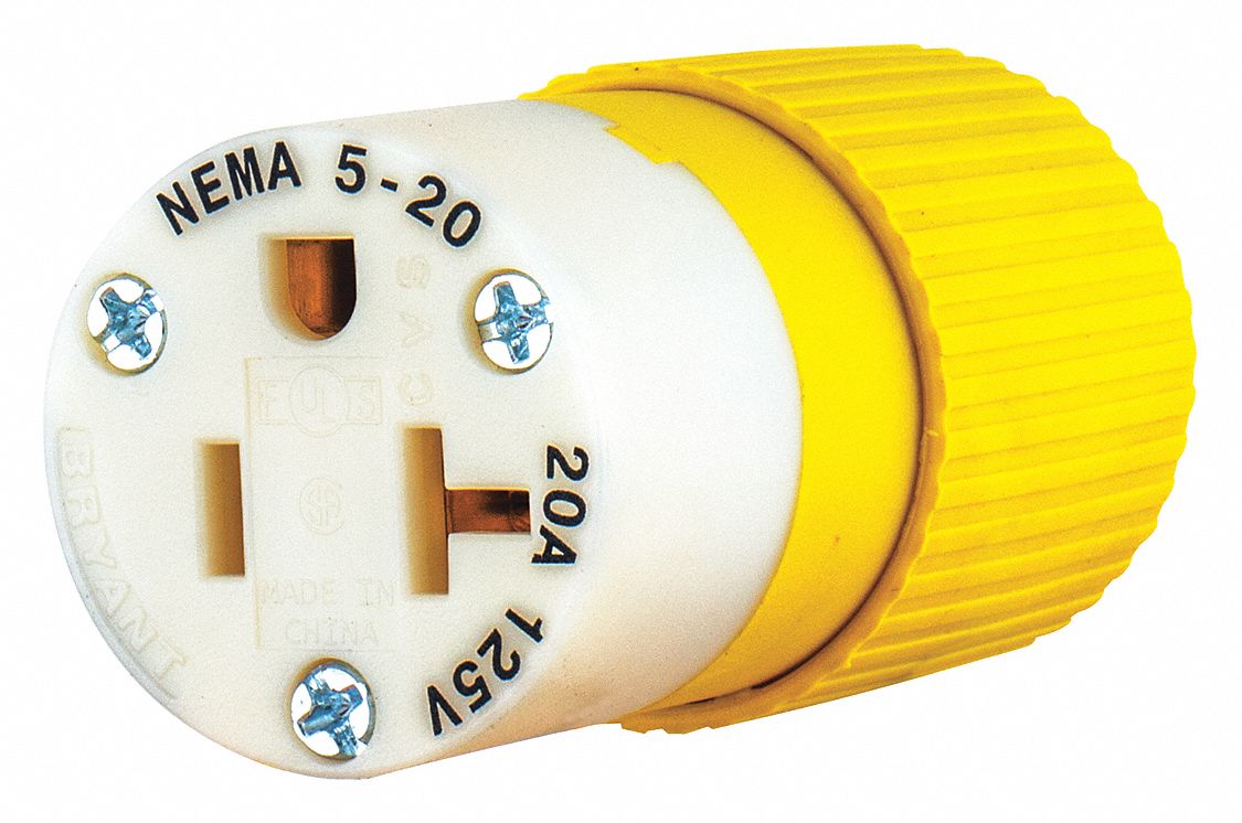 BRYANT Straight Blade Connector 520R, 20 Amps Plugs and Receptacles, 125V AC, 2 Poles, 3