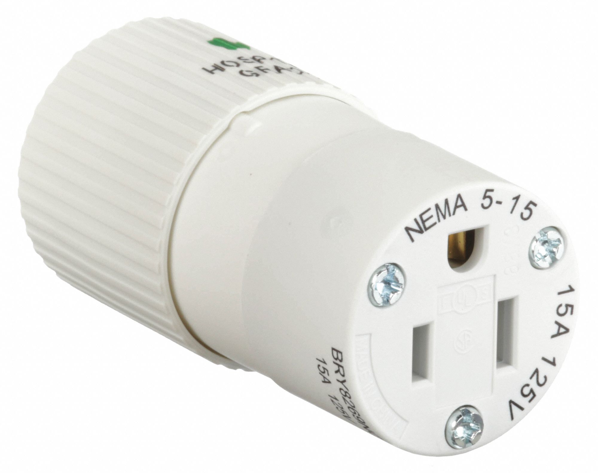 Straight Blade Connector: 5-15R, 15 A, 125V AC, 2 Poles, White, Hospital Grade