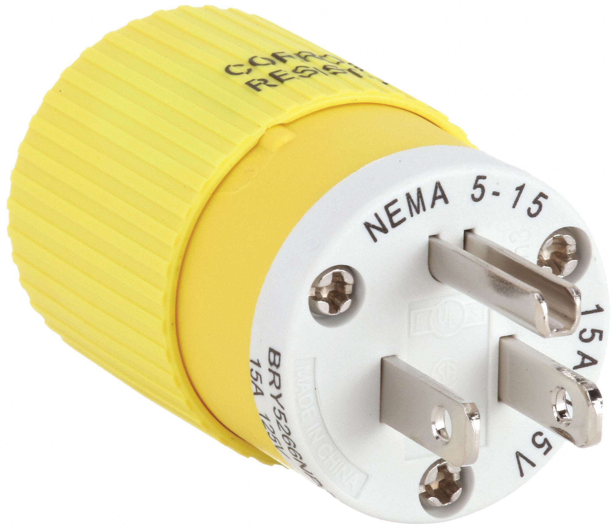 Straight Blade Plug: 5-15P, 15 A, 125V AC, Yellow, 2 Poles, Screw Terminals