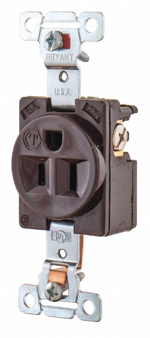 RECEPTACLE, SINGLE, 5-15R, 125V AC, 15 A, BROWN, 2 POLE/3 WIRE, SCREW TERMINALS