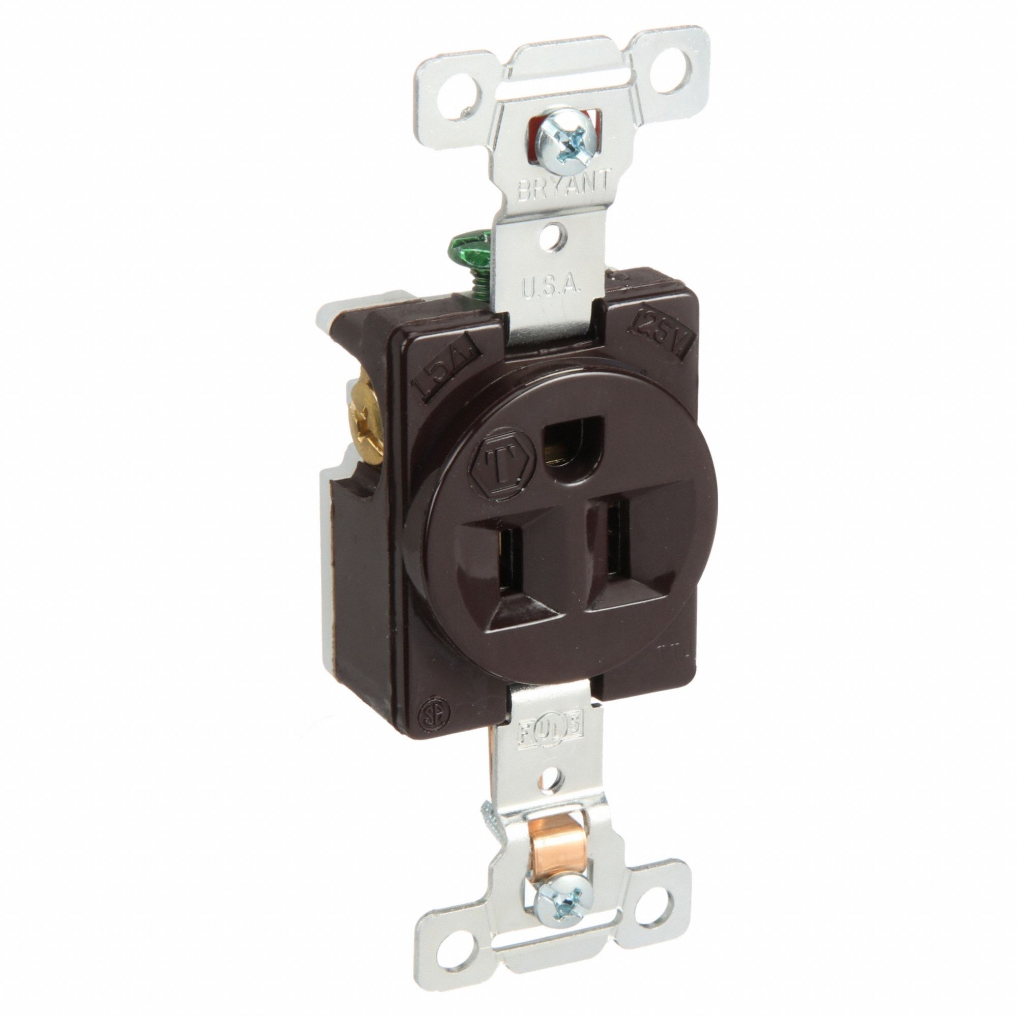Receptacle: Single, 5-15R, 125V AC, 15 A, Brown, 2 Pole / 3 Wire, Screw Terminals, Gen Use