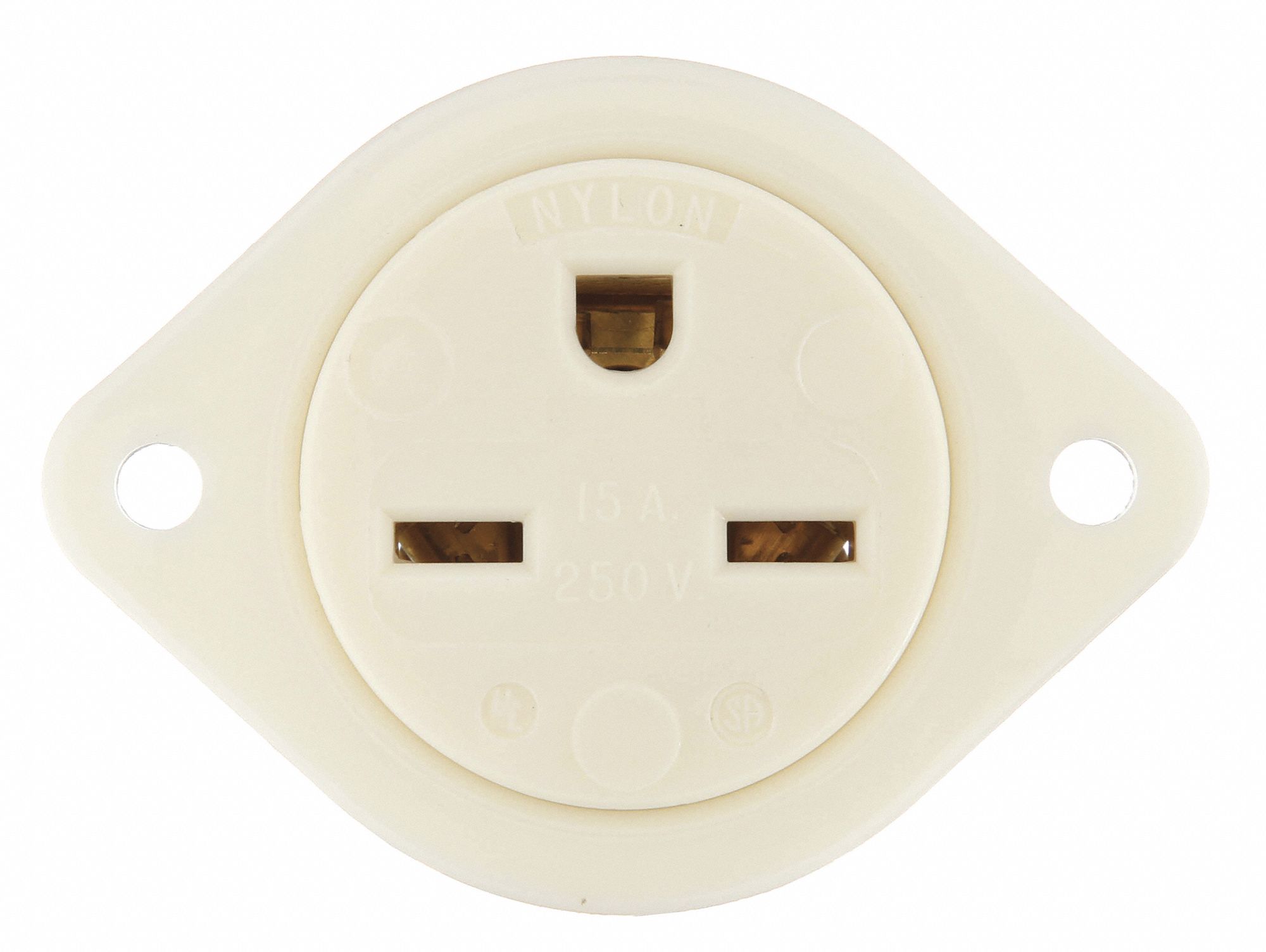 Flanged Receptacle: Single, White, 6-15R, 15 A, 250V AC, 2 Pole / 3 Wire, Screw Terminals