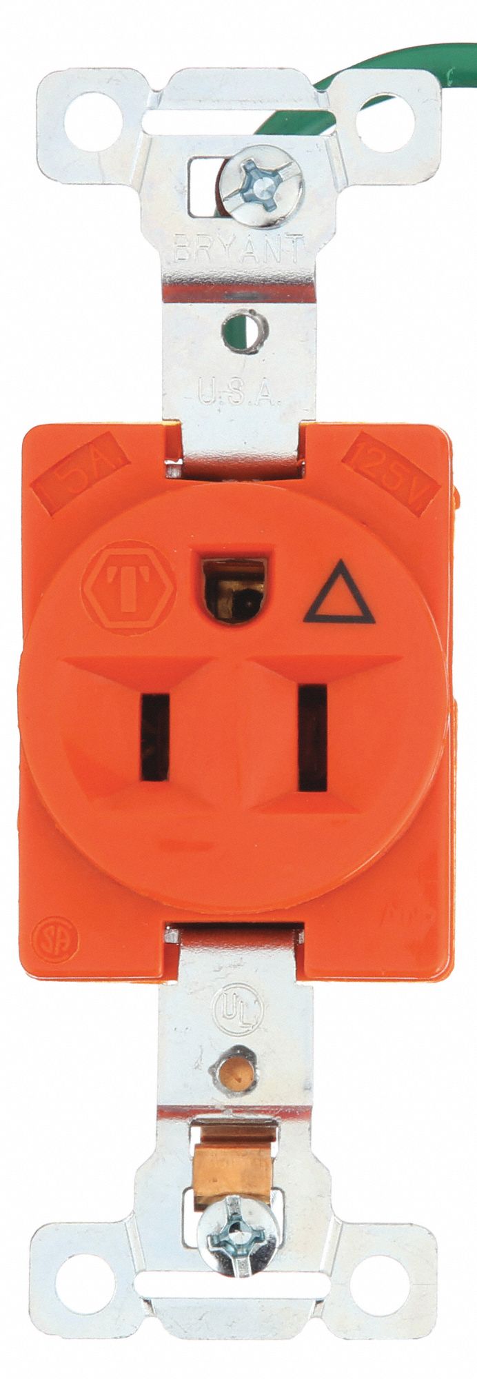 Receptacle: Single, Orange, 5-15R, 15 A, 125V AC, 2 Pole / 3 Wire, Screw Terminals, Gen Use
