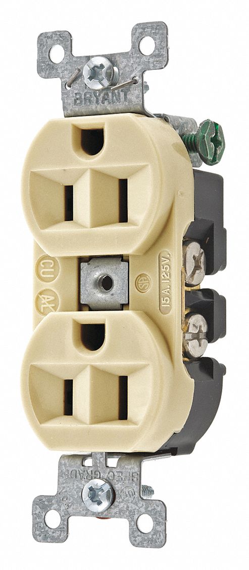 RECEPTACLE, DUPLEX, 5-15R, 125V AC, 15 A, IVORY, 2 POLE/3 WIRE, SCREW TERMINALS