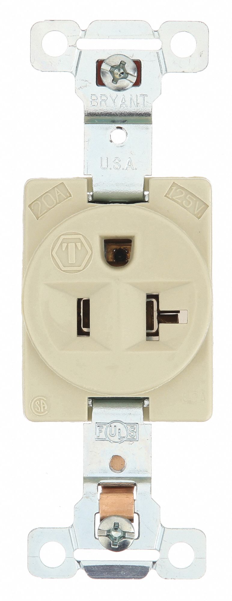 Receptacle: Single, Ivory, 5-20R, 20 A, 125V AC, 2 Pole / 3 Wire, Screw Terminals, Gen Use