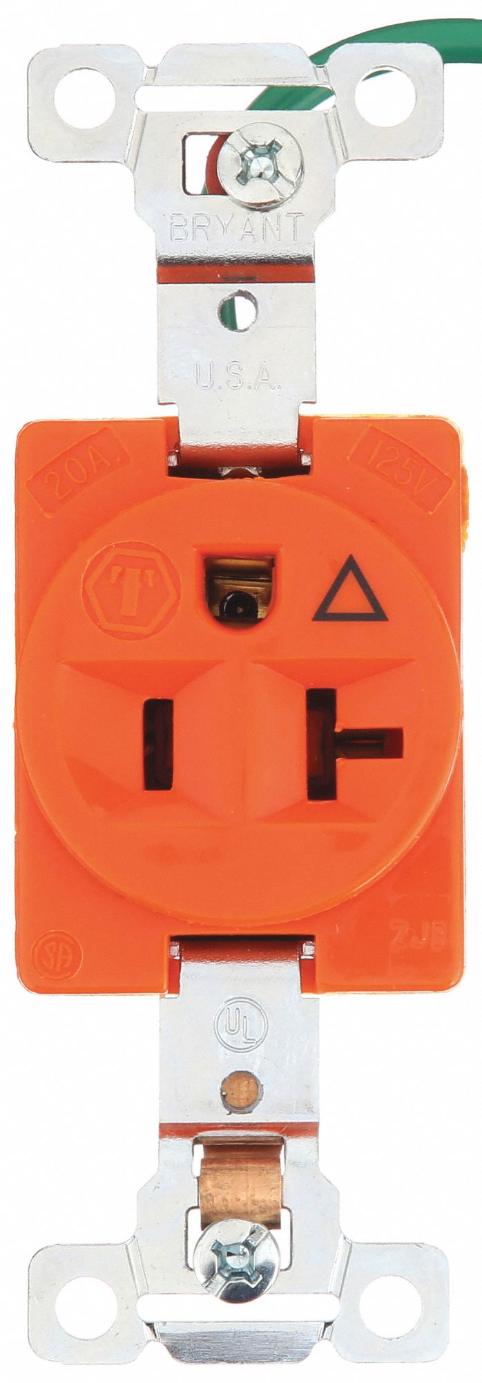 Receptacle: Single, Orange, 5-20R, 20 A, 125V AC, 2 Pole / 3 Wire, Screw Terminals, Gen Use