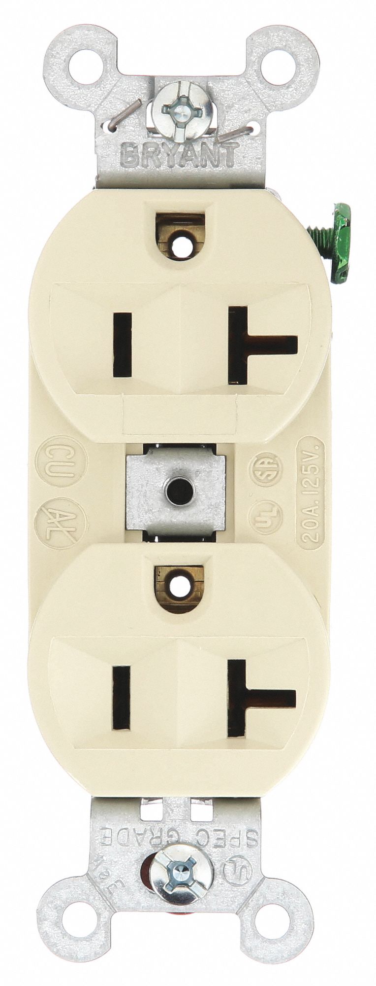 Receptacle: Duplex, Ivory, 5-20R, 20 A, 125V AC, 2 Pole / 3 Wire, Screw Terminals