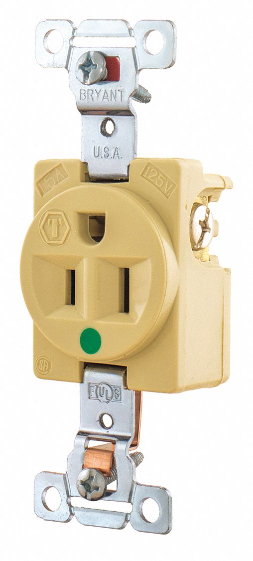 Receptacle: Single, 5-15R, 15 A, 125V AC, Ivory, 2 Pole / 3 Wire Poles & Wires