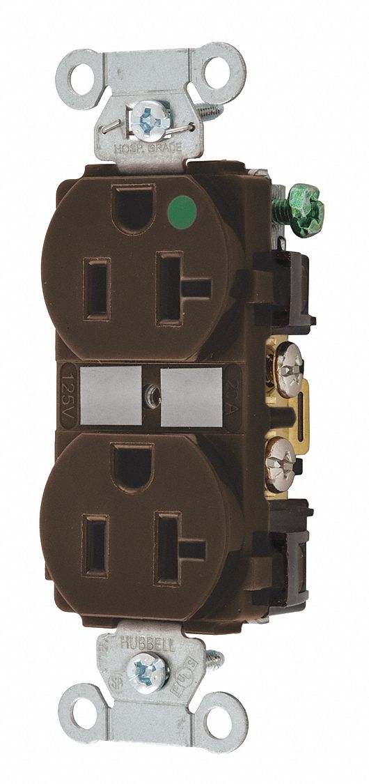 RECEPTACLE, DUPLEX, 5-20R, 20 A, 125V AC, BROWN, 2 POLE/3 WIRE POLES AND WIRES