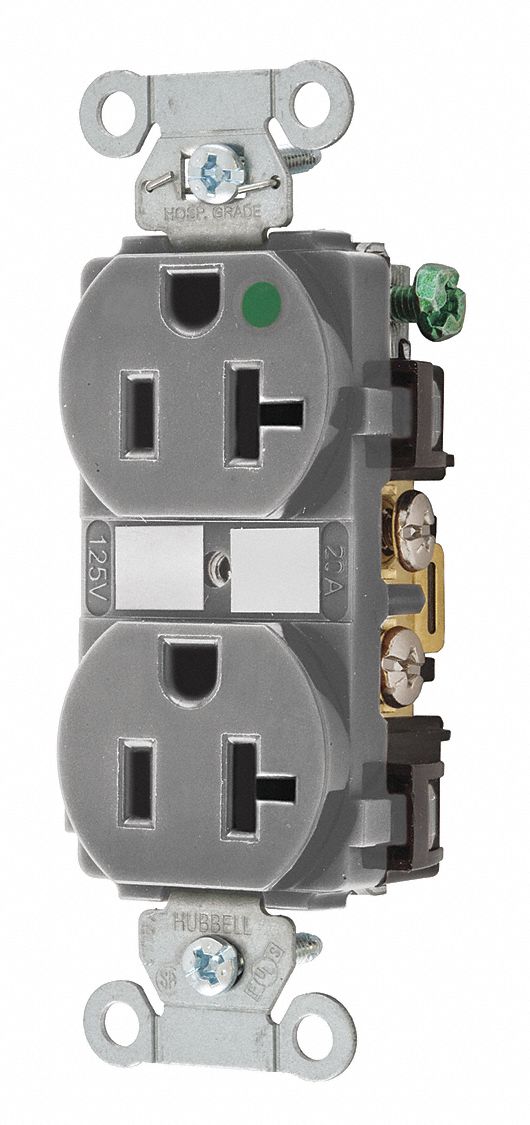 RECEPTACLE, DUPLEX, 5-20R, 20 A, 125V AC, GREY, 2 POLE/3 WIRE POLES AND WIRES