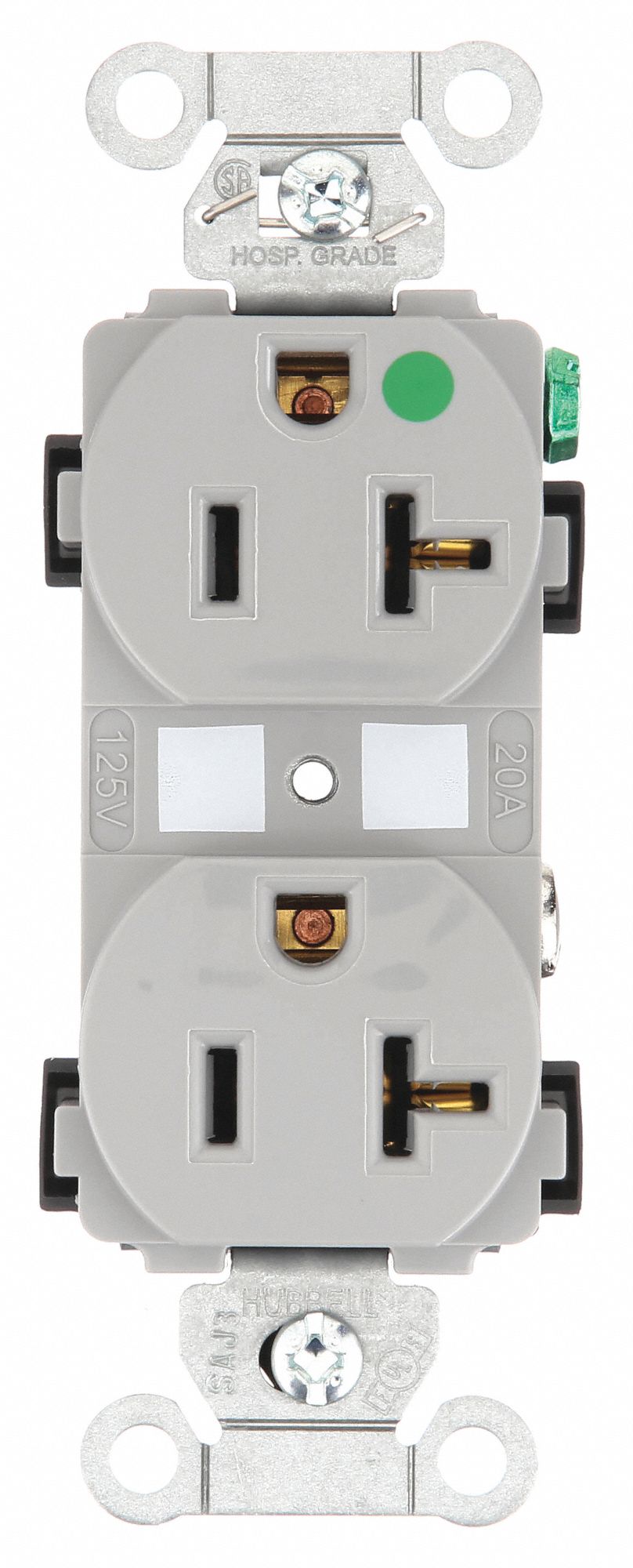 PRISE, DOUBLE, 2 PÔLES/3 FILS, NYLON, LAITON, 125 V CA, 20 A, BORNES À VIS, 5-20R, 1 HP, GRIS