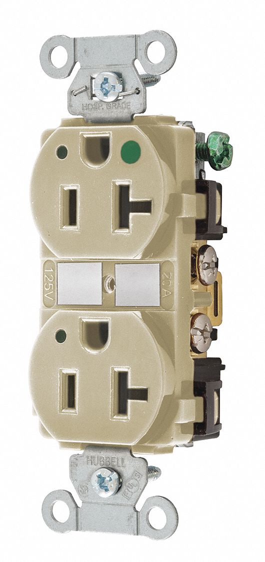 RECEPTACLE, DUPLEX, 5-20R, 20 A, 125V AC, IVORY, 2 POLE/3 WIRE POLES AND WIRES