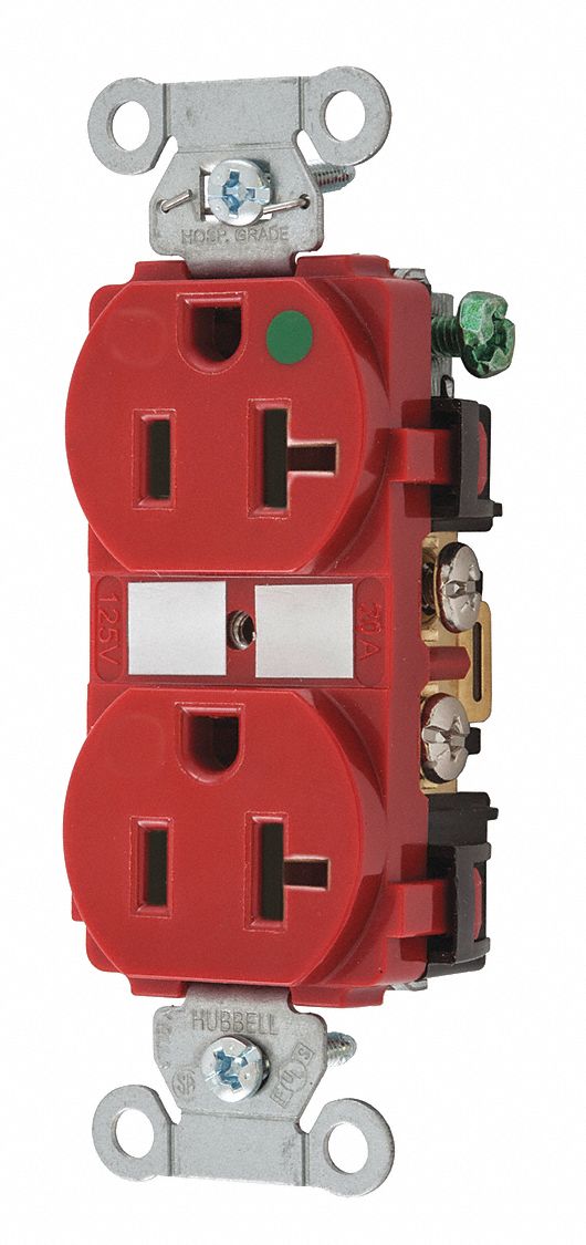 RECEPTACLE, DUPLEX, 5-20R, 20 A, 125V AC, RED, 2 POLE/3 WIRE POLES AND WIRES