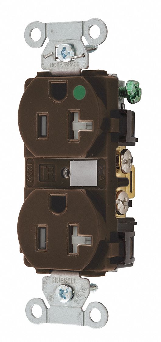 RECEPTACLE, DUPLEX, 5-20R, 20 A, 125V AC, BROWN, 2 POLE/3 WIRE POLES AND WIRES