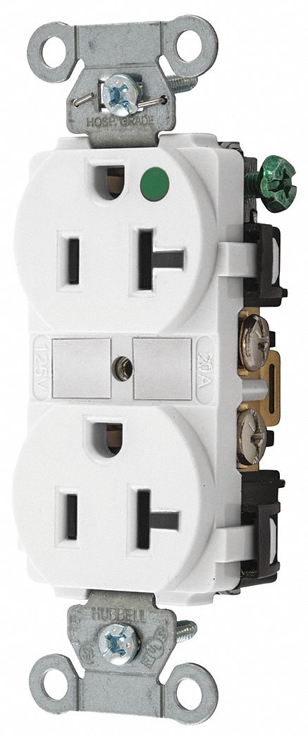 RECEPTACLE, DUPLEX, 5-20R, 20 A, 125V AC, WHITE, 2 POLE/3 WIRE POLES AND WIRES