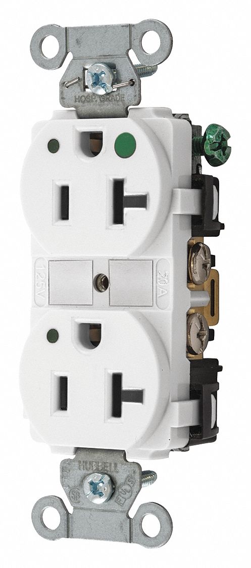 RECEPTACLE, DUPLEX, 5-20R, 20 A, 125V AC, WHITE, 2 POLE/3 WIRE POLES AND WIRES