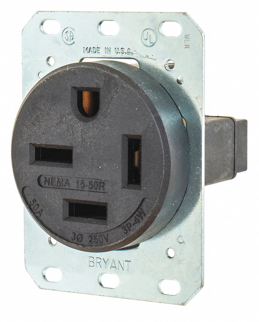 RECEPTACLE, SINGLE, 15-50R, 250V AC, 50 A, BLACK, 3 POLE/4 WIRE, SCREW TERMINALS