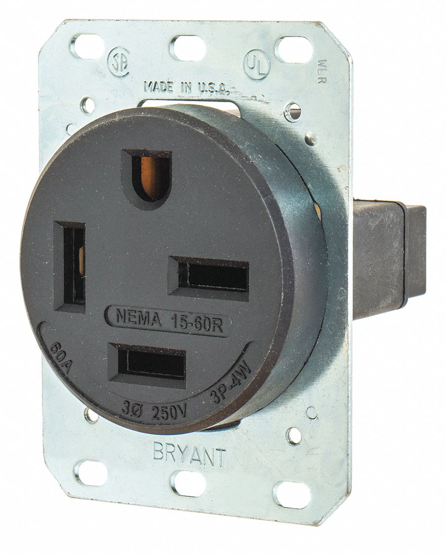 RECEPTACLE, SINGLE, 15-60R, 250V AC, 60 A, BLACK, 3 POLE/4 WIRE, SCREW TERMINALS