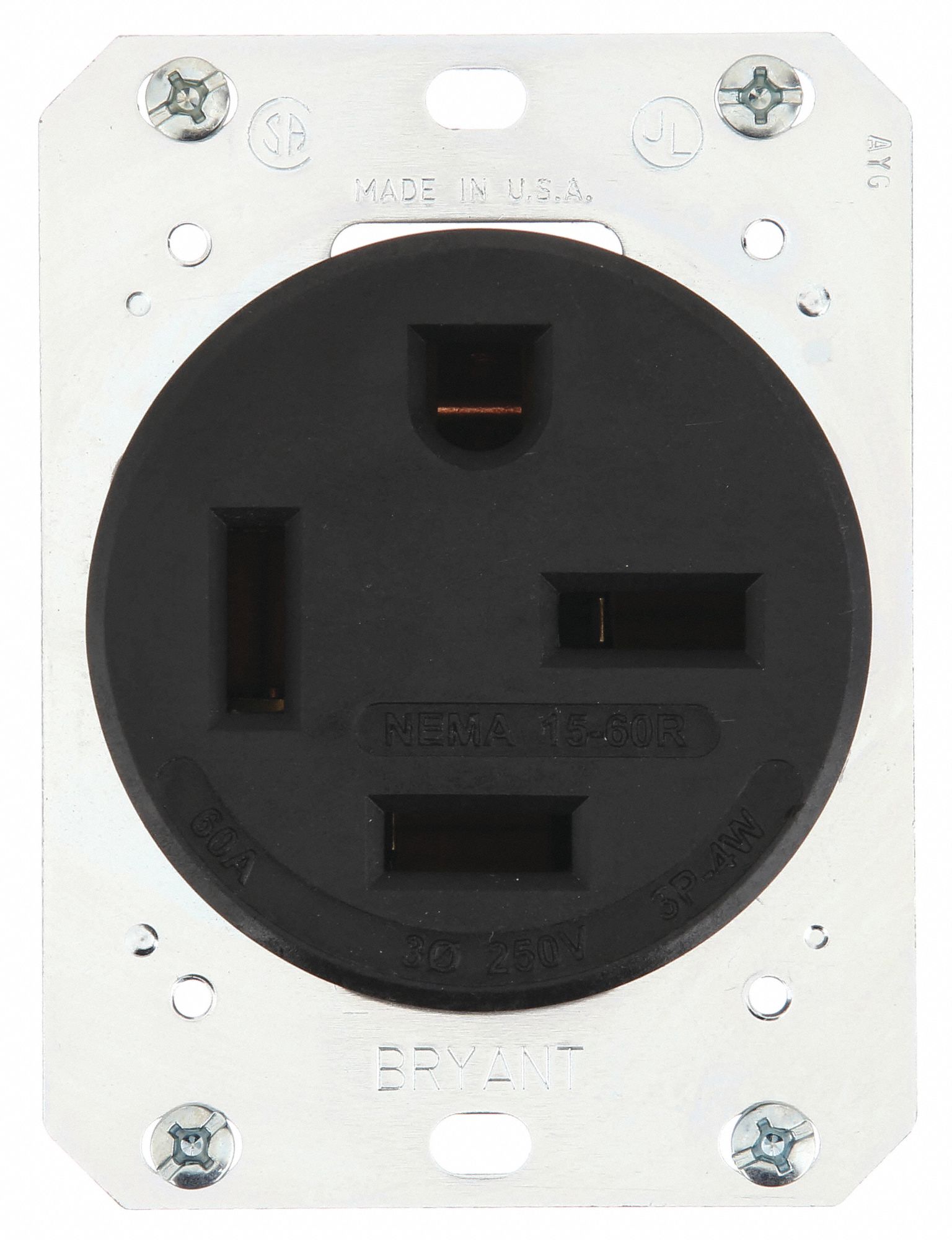 PRISE, SIMPLE, 3 PÔLES/4 FILS, THERMOPLASTIQUE, 250 V CA, 60 A, BORNES À VIS, 15-60R, 10 HP, 6 AWG, NOIR