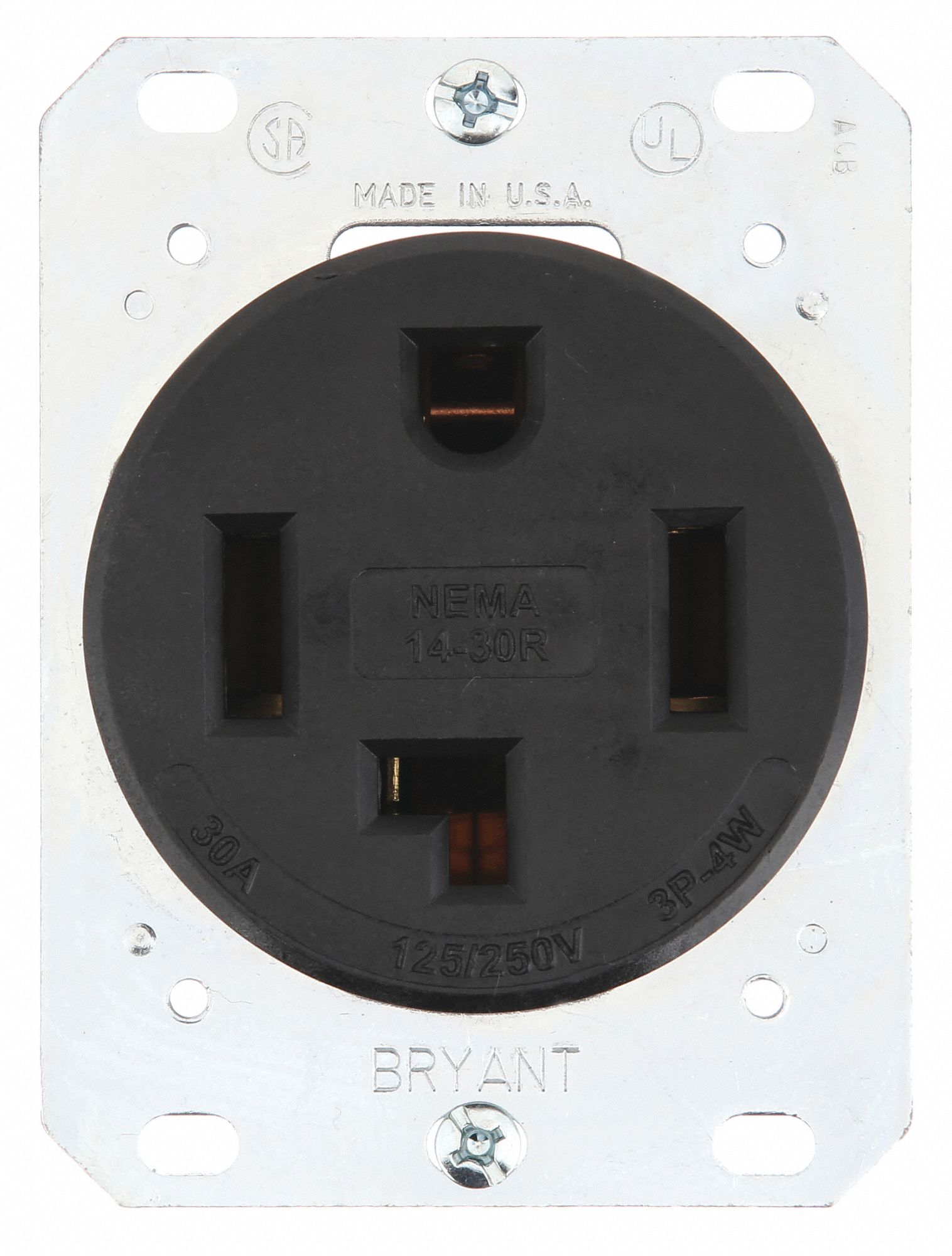 Receptacle: Single, Black, 14-30R, 30 A, 125/250V AC, 3 Pole / 4 Wire, Screw Terminals