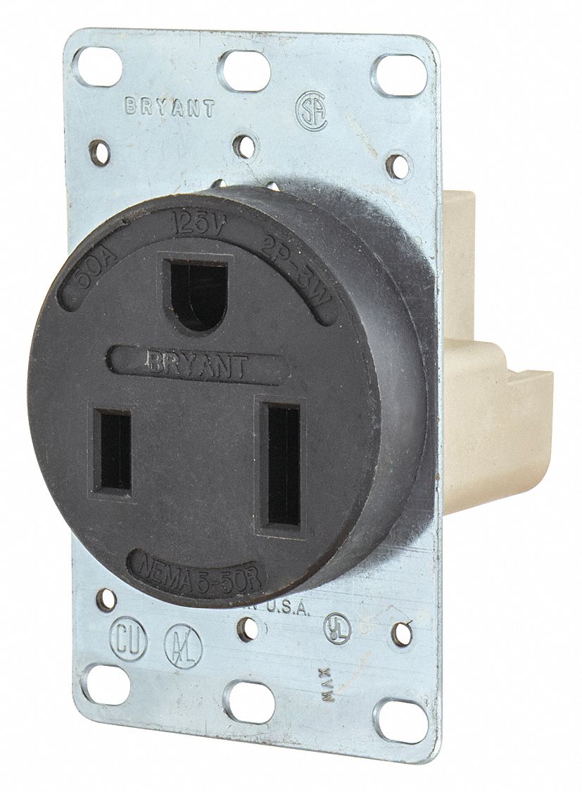 RECEPTACLE, SINGLE, BLACK, 5-50R, 50 A, 125V AC, 2 POLE/3 WIRE, SCREW TERMINALS