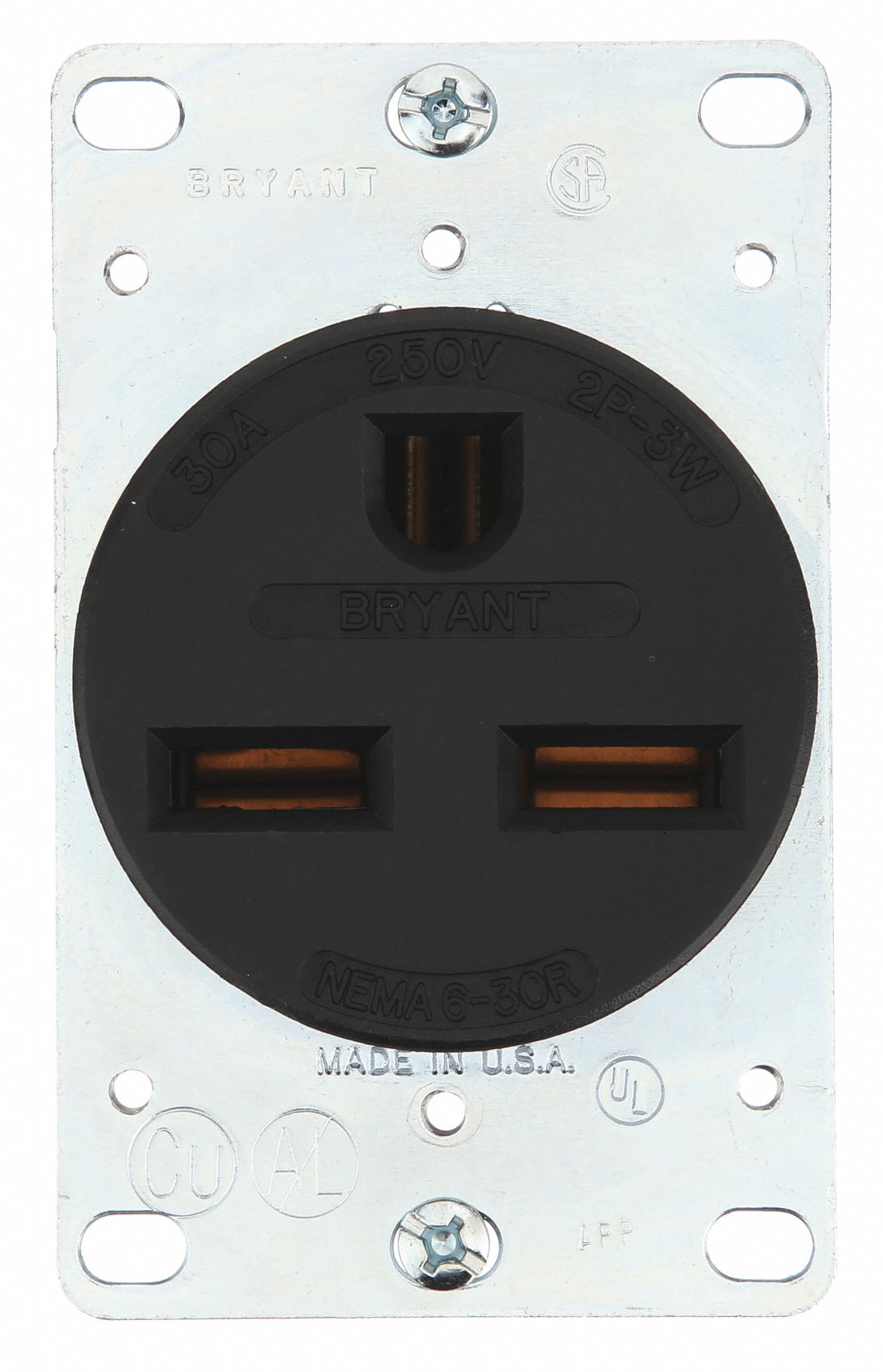 Receptacle: Single, Black, 6-30R, 30 A, 250V AC, 2 Pole / 3 Wire, Screw Terminals, Gen Use