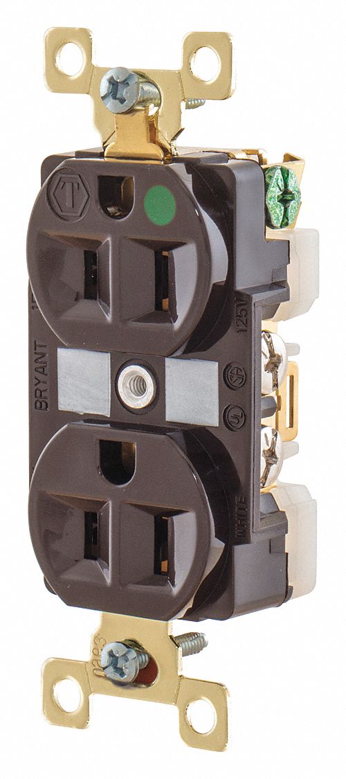 RECEPTACLE, DUPLEX, 5-15R, 15 A, 125V AC, BROWN, 2 POLE/3 WIRE POLES AND WIRES