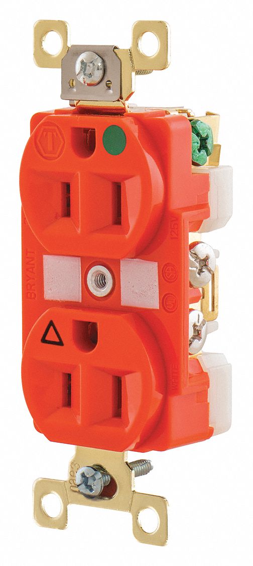 RECEPTACLE, DUPLEX, 5-15R, 15 A, 125V AC, ORANGE, 2 POLE/3 WIRE POLES AND WIRES