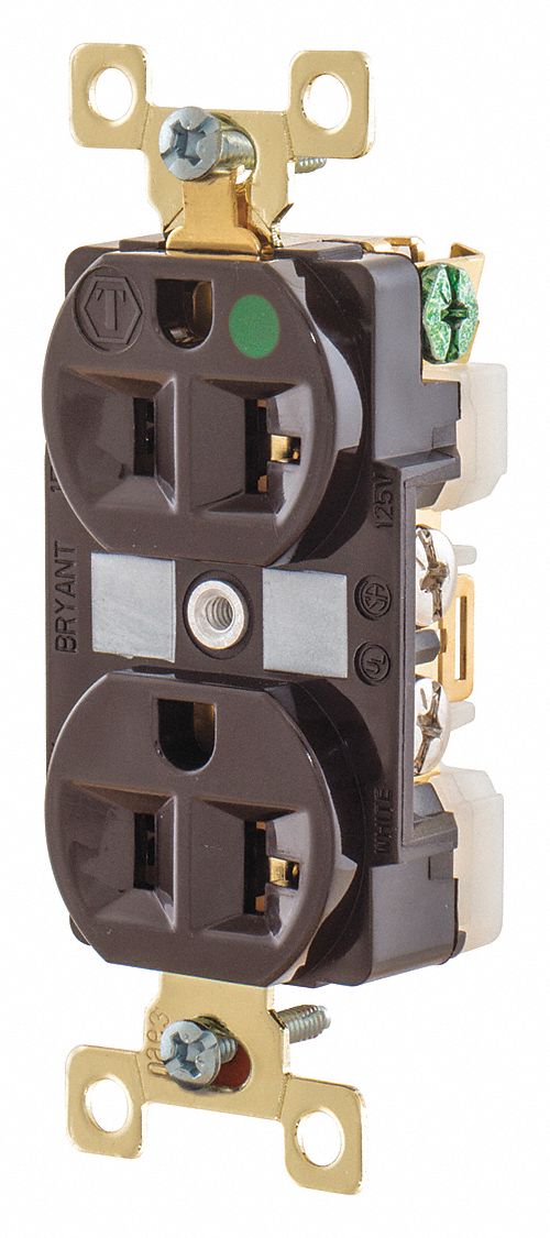 RECEPTACLE, DUPLEX, 5-20R, 20 A, 125V AC, BROWN, 2 POLE/3 WIRE POLES AND WIRES