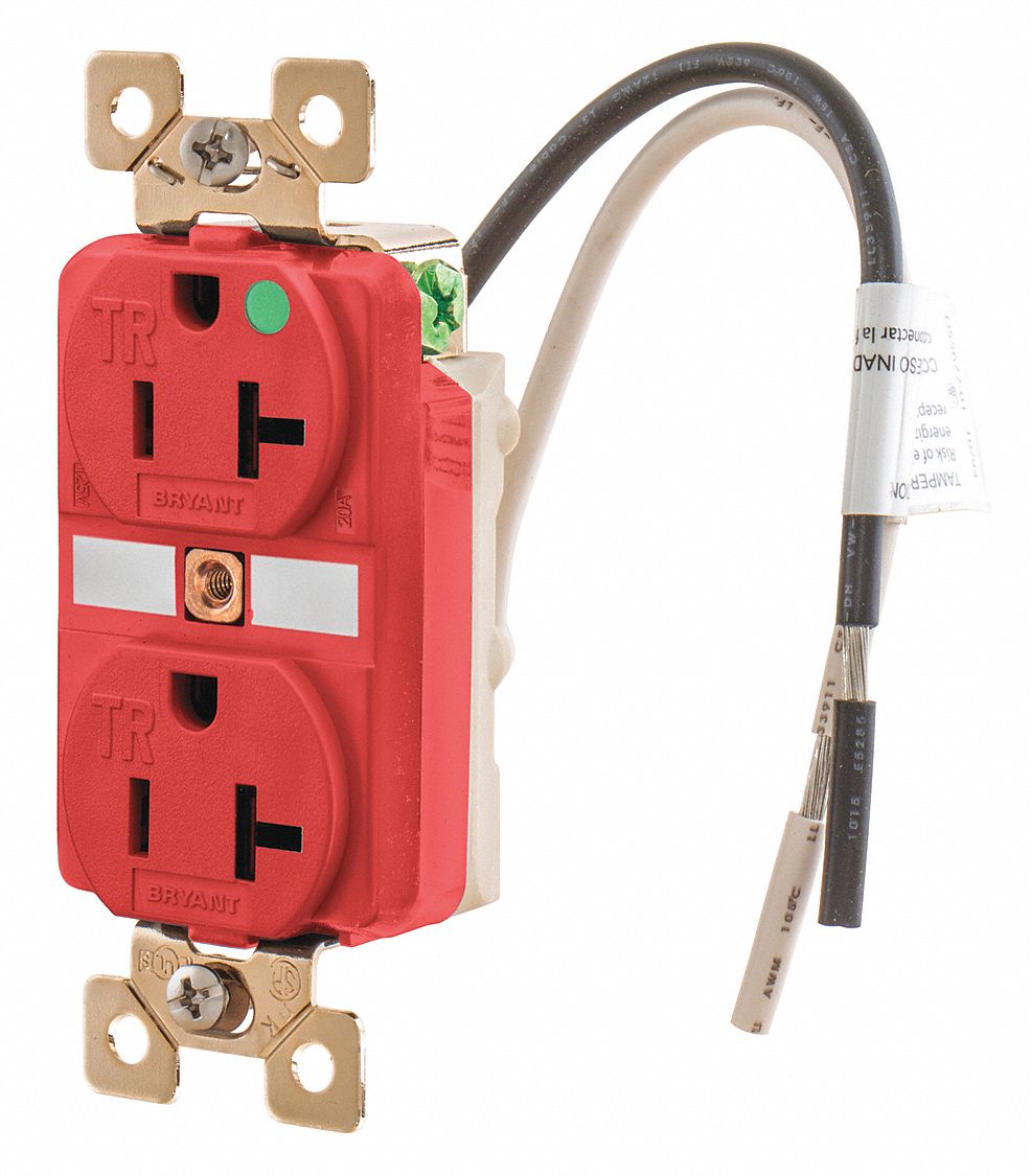 RECEPTACLE, DUPLEX, 5-20R, 20 A, 125V AC, RED, 2 POLE/3 WIRE POLES AND WIRES