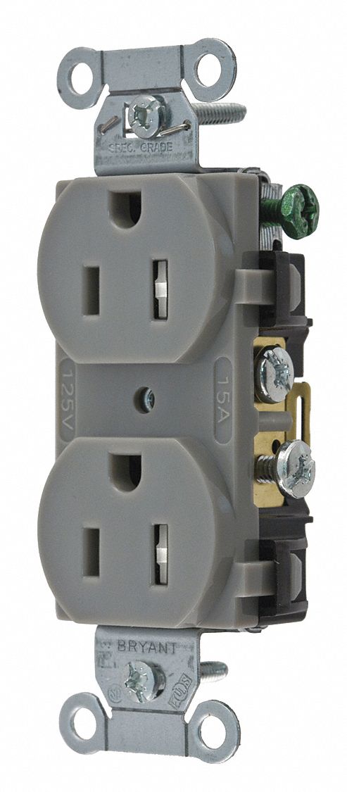 Receptacle: Duplex, Gray, 5-15R, 15 A, 125V AC, 2 Pole / 3 Wire, Screw Terminals, Gen Use