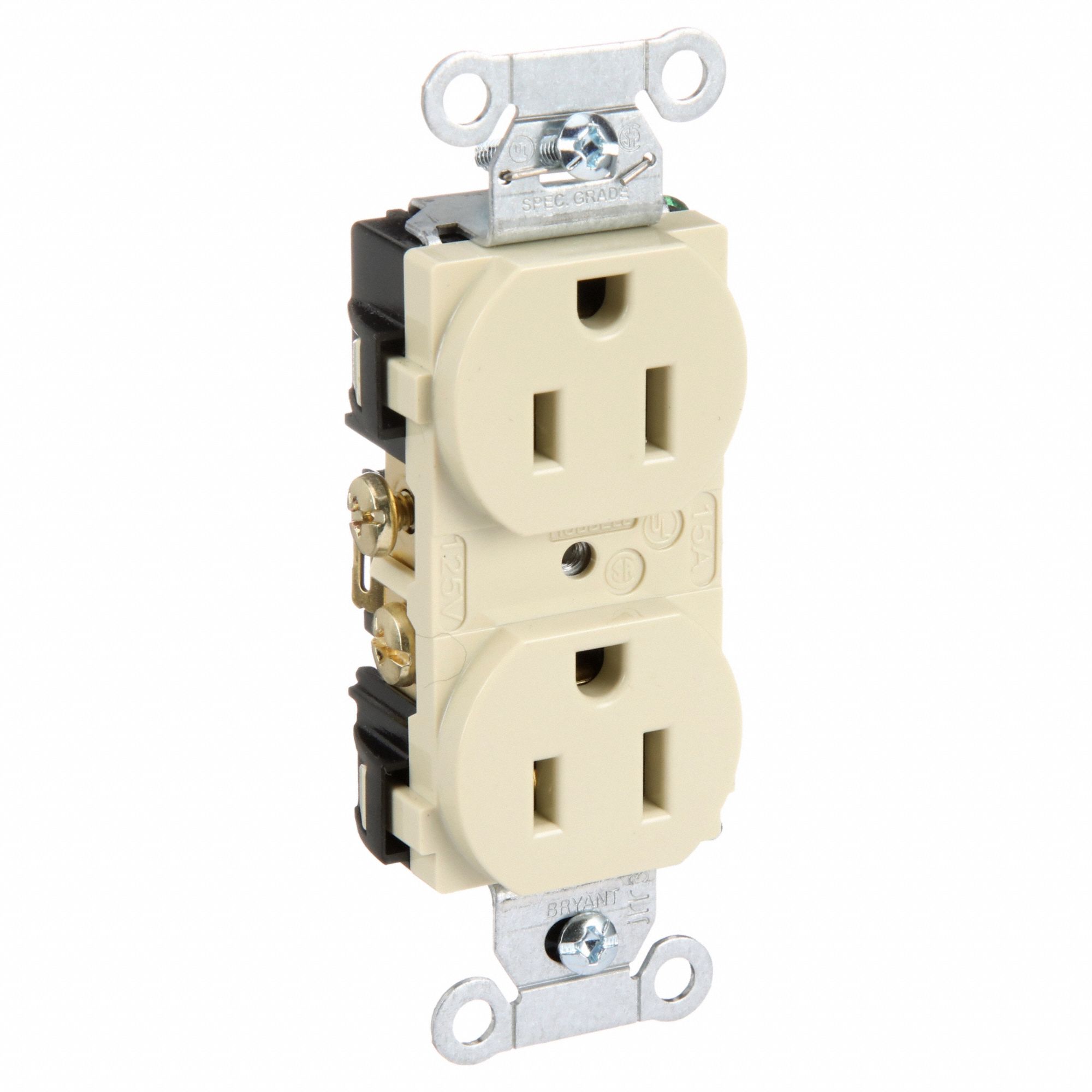 Receptacle: Duplex, Ivory, 5-15R, 15 A, 125V AC, 2 Pole / 3 Wire, Screw Terminals