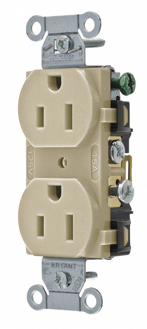 RECEPTACLE, DUPLEX, IVORY, 5-15R, 15 A, 125V AC, 2 POLE/3 WIRE, SCREW TERMINALS