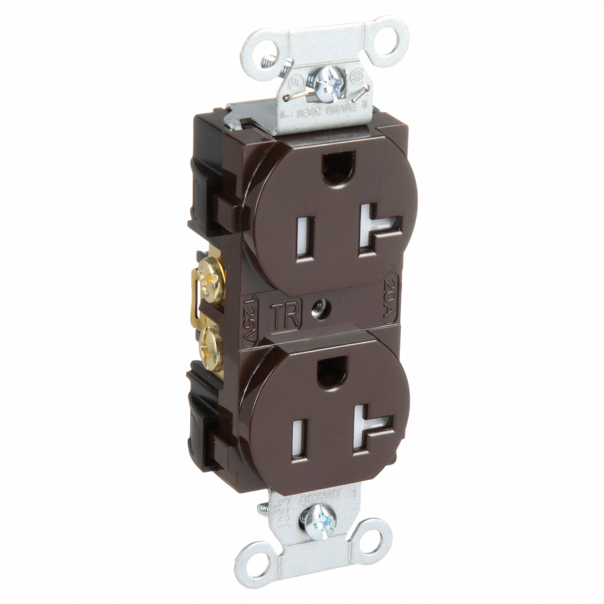 Receptacle: Duplex, Brown, 5-20R, 20 A, 125V AC, 2 Pole / 3 Wire, Screw Terminals