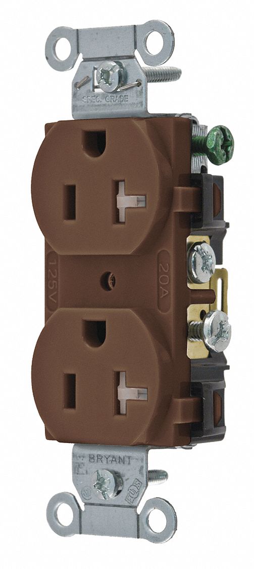 RECEPTACLE, DUPLEX, BROWN, 5-20R, 20 A, 125V AC, 2 POLE/3 WIRE, SCREW TERMINALS