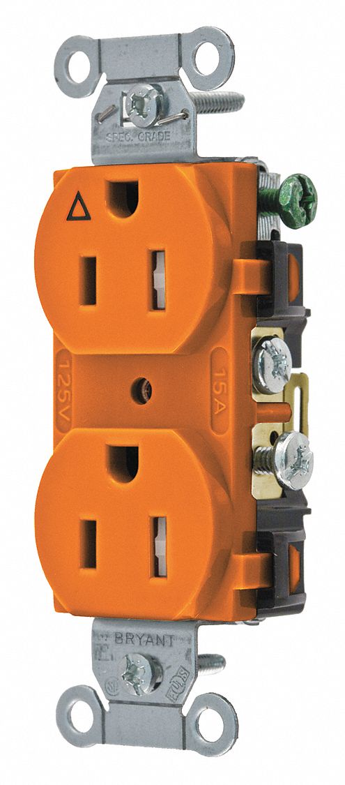 RECEPTACLE, DUPLEX, ORANGE, 5-15R, 15 A, 125V AC, 2 POLE/3 WIRE, SCREW TERMINALS