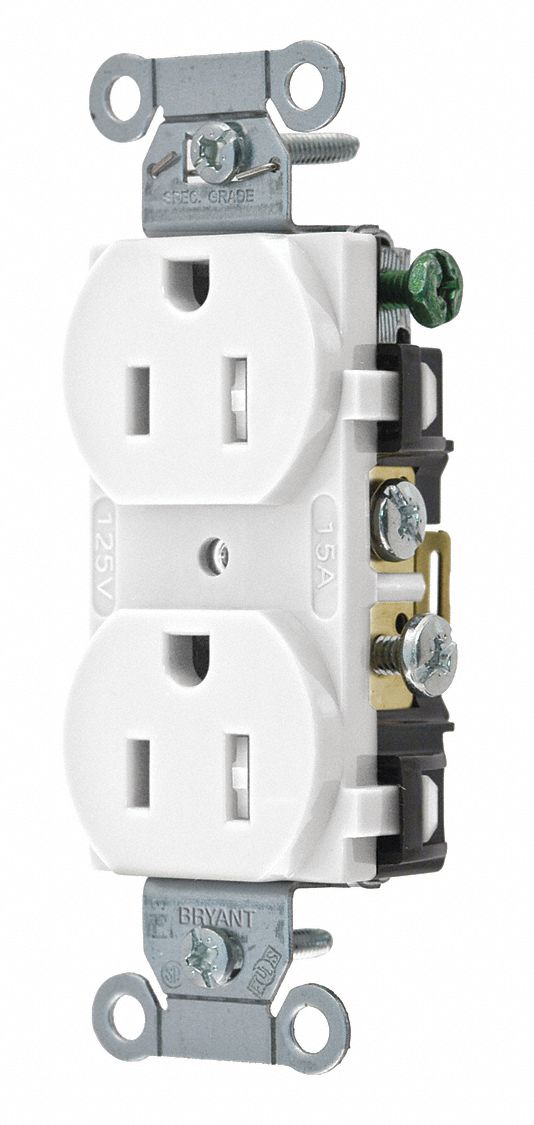 RECEPTACLE, DUPLEX, WHITE, 5-15R, 15 A, 125V AC, 2 POLE/3 WIRE, SCREW TERMINALS