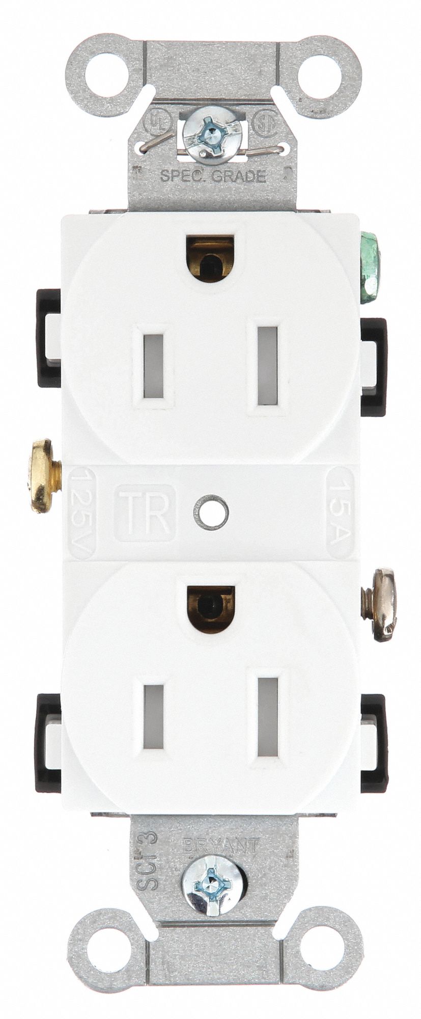 Receptacle: Duplex, White, 5-15R, 15 A, 125V AC, 2 Pole / 3 Wire, Screw Terminals