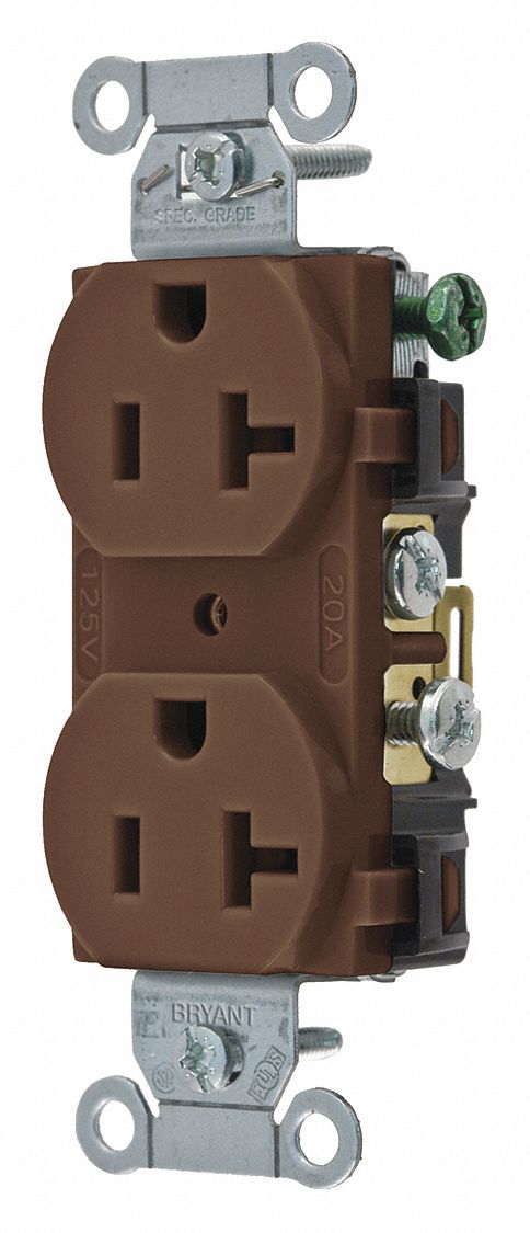 RECEPTACLE, DUPLEX, BROWN, 5-20R, 20 A, 125V AC, 2 POLE/3 WIRE, SCREW TERMINALS