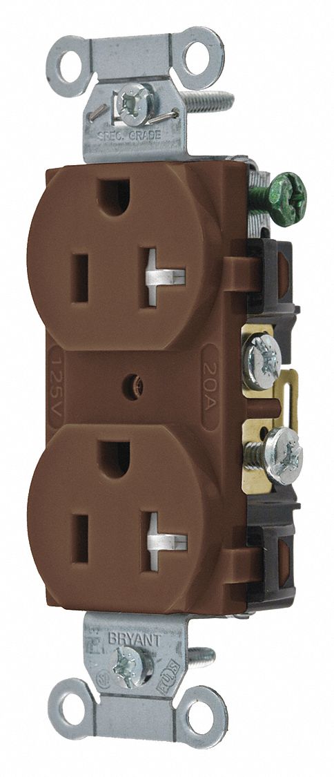 RECEPTACLE, DUPLEX, BROWN, 5-20R, 20 A, 125V AC, 2 POLE/3 WIRE, SCREW TERMINALS