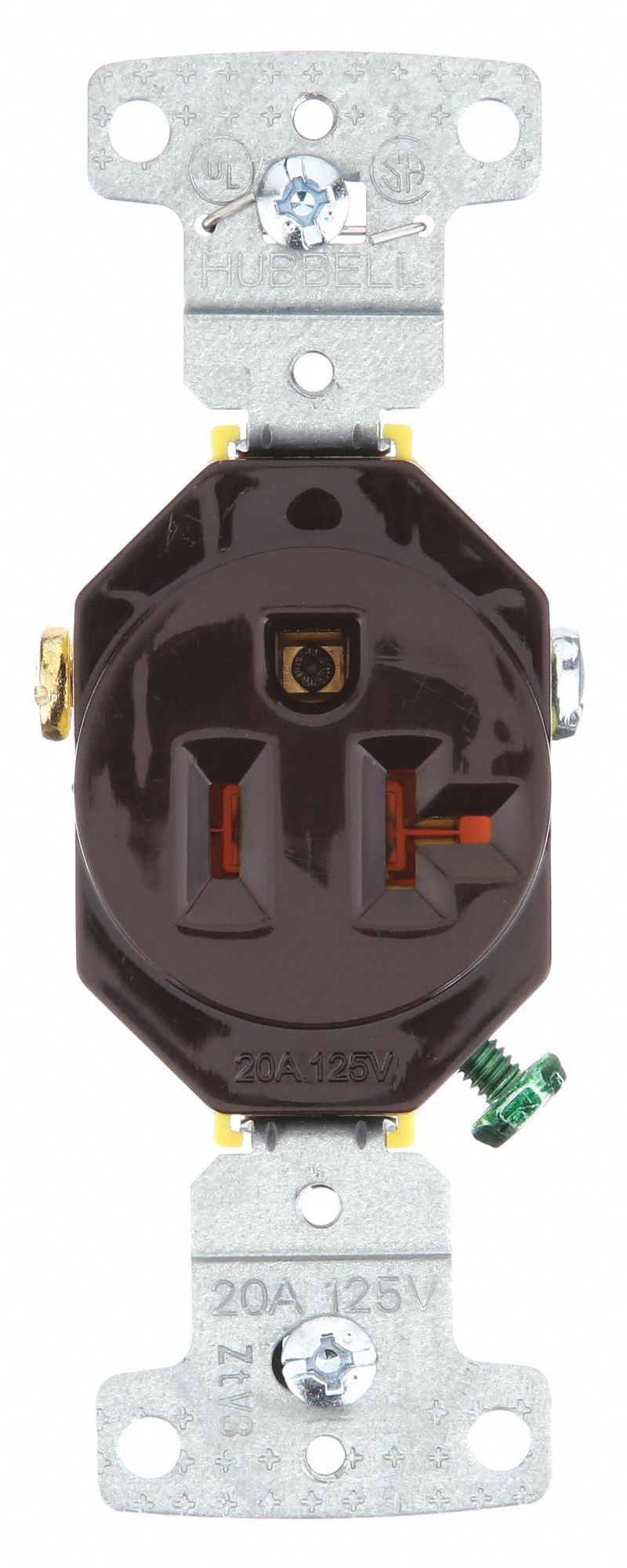 Receptacle: Single, Brown, 5-20R, 20 A, 125V AC, 2 Pole / 3 Wire, Screw Terminals, Gen Use
